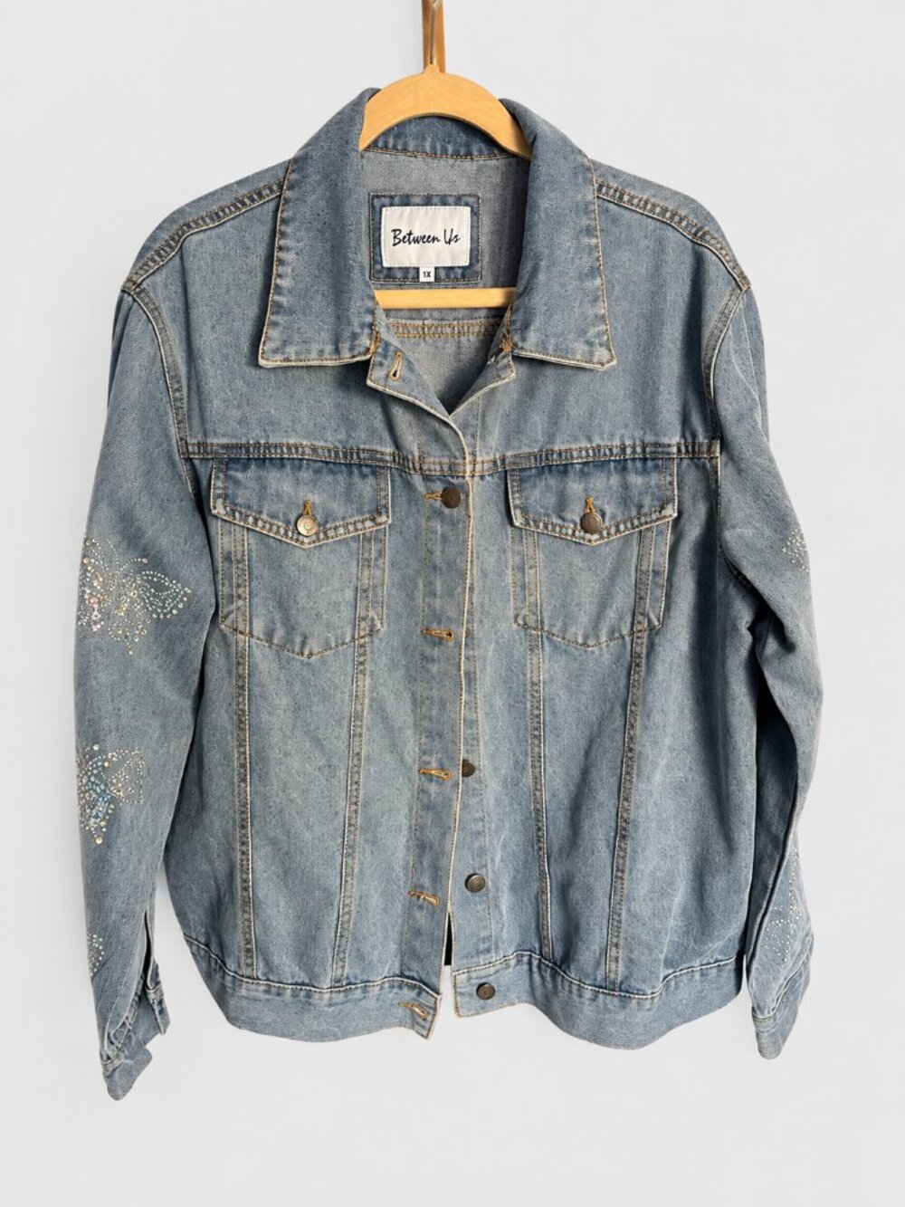 Between Us Rhinestone Butterfly Denim Trucker Jacket Light Wash Embellished 1X
